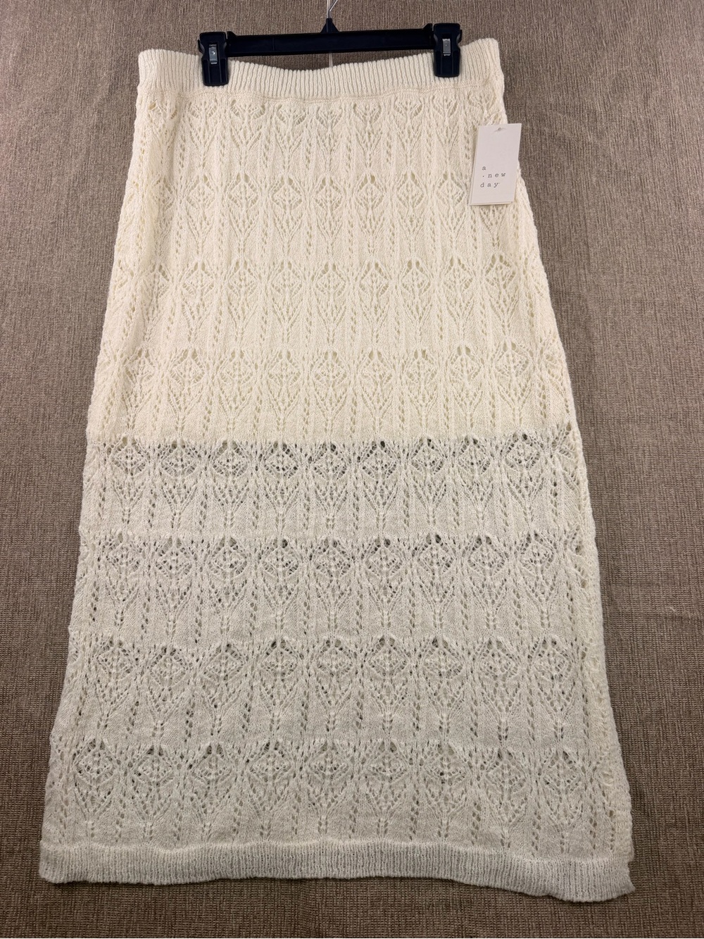 A New Day Womens Open-Knit Crochet Maxi Skirt Cream Large NWT Boho Resort Slit